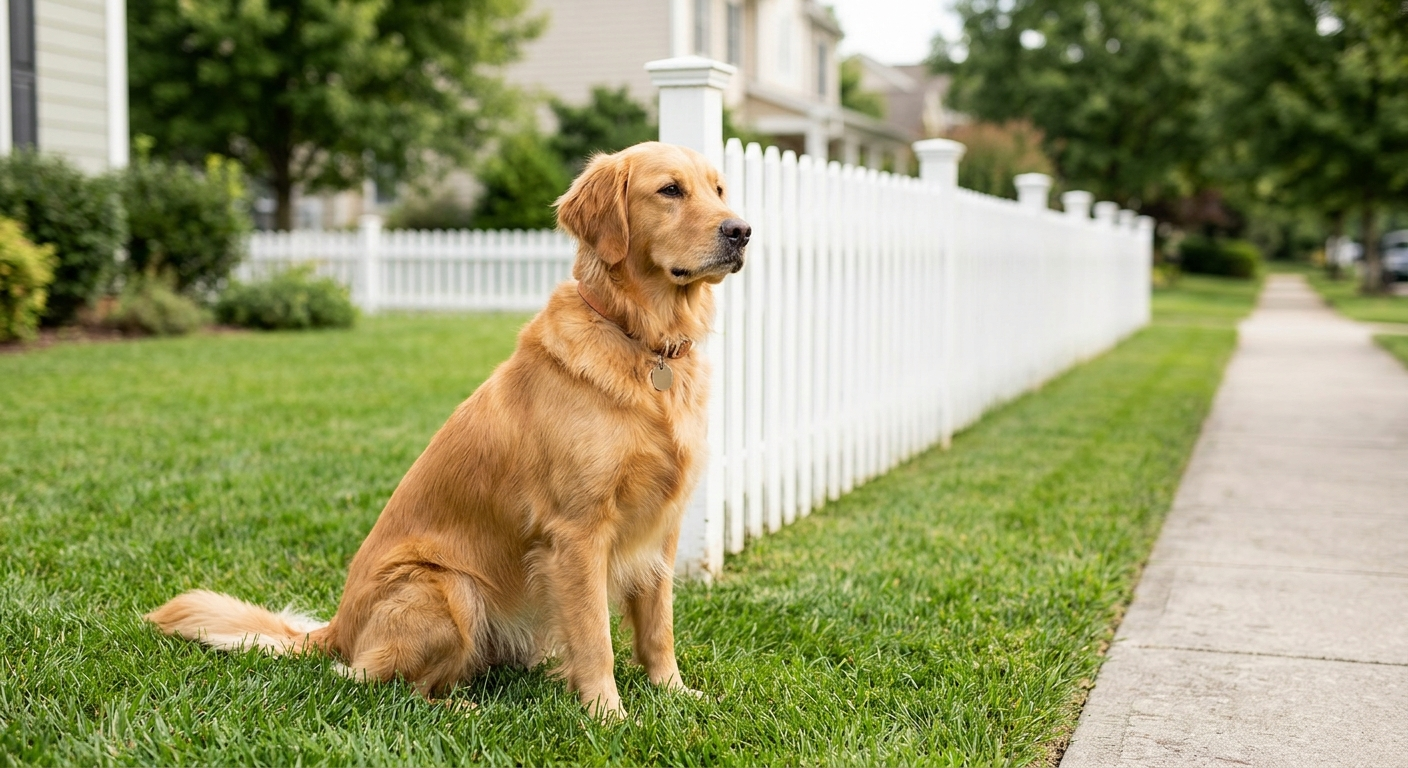 A large golden retriever sitting on a green suburban lawn next to a white picket fence, looking toward a sidewalk.