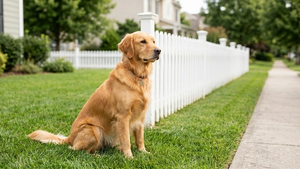 A large golden retriever sitting on a green suburban lawn next to a white picket fence, looking toward a sidewalk.