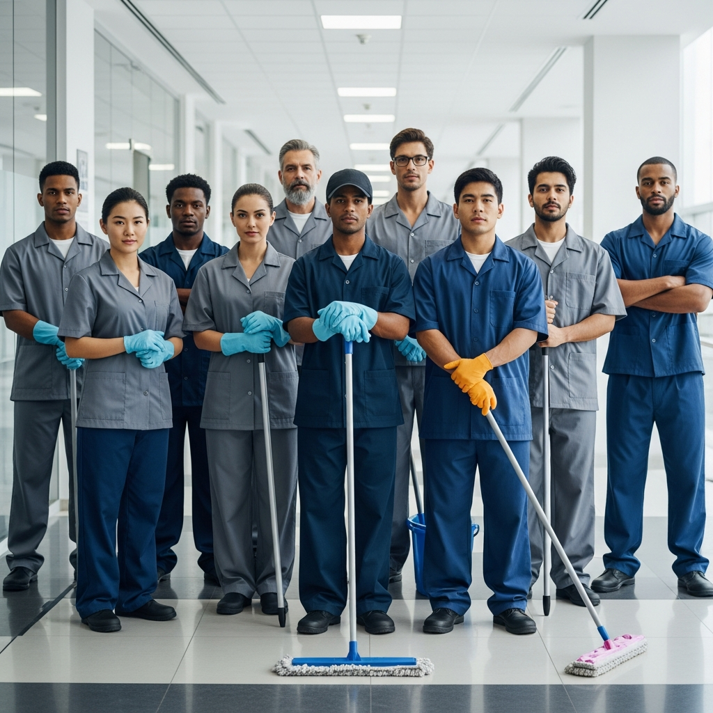 A diverse group of janitorial workers wearing cleaning uniforms standing together in a corporate hallway, symbolizing workplace unity and protection against discrimination.