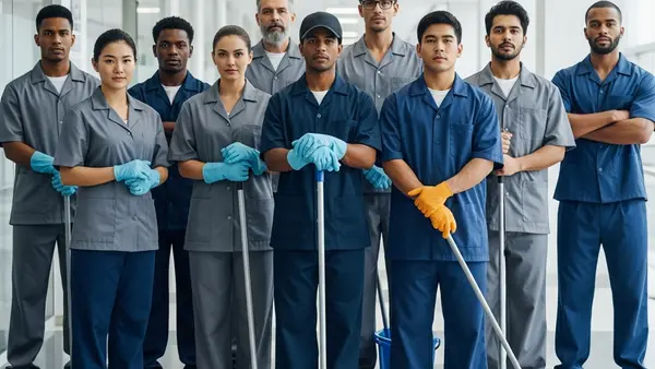 A diverse group of janitorial workers wearing cleaning uniforms standing together in a corporate hallway, symbolizing workplace unity and protection against discrimination.