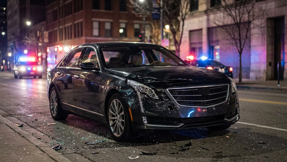 A luxury sedan with heavy front-end damage on a city street at night with emergency lights blurred in the background.