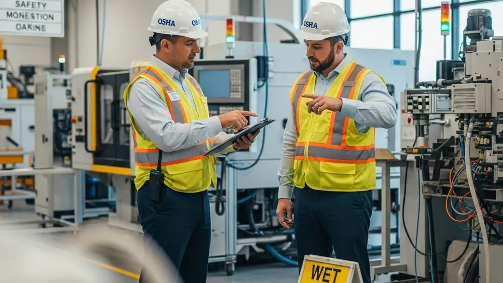 OSHA inspector reviewing safety protocols at an industrial manufacturing facility with a hard hat and safety vest, symbolizing workplace safety violations.
