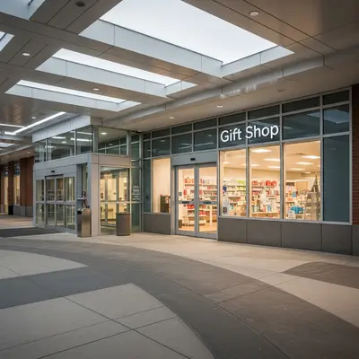An exterior view of a modern hospital building with a clean, accessible entrance area leading toward a gift shop storefront.