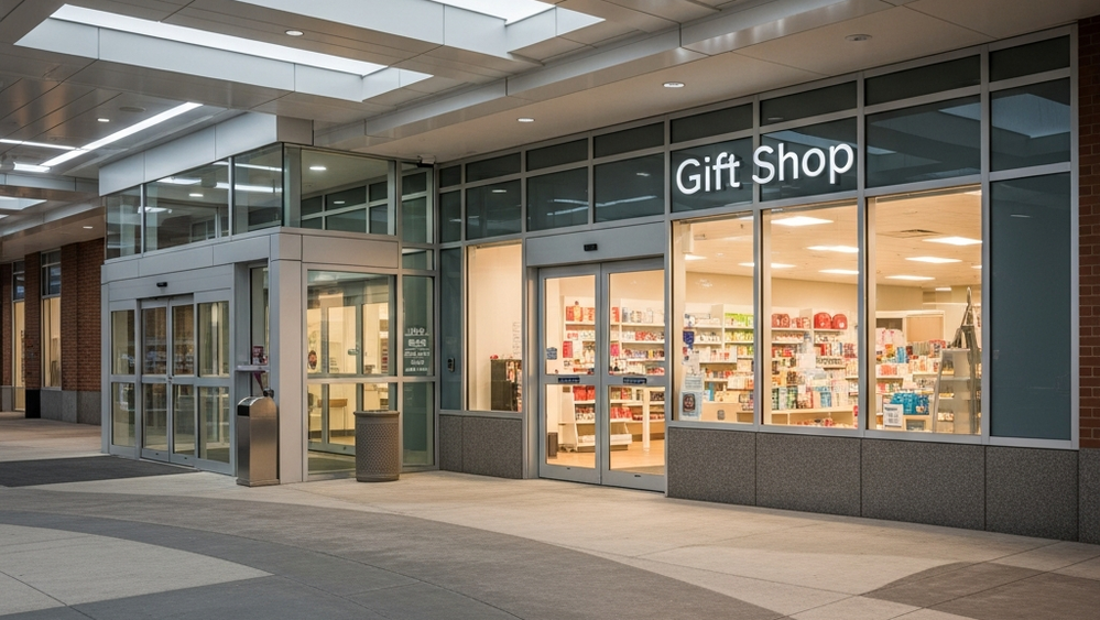 An exterior view of a modern hospital building with a clean, accessible entrance area leading toward a gift shop storefront.