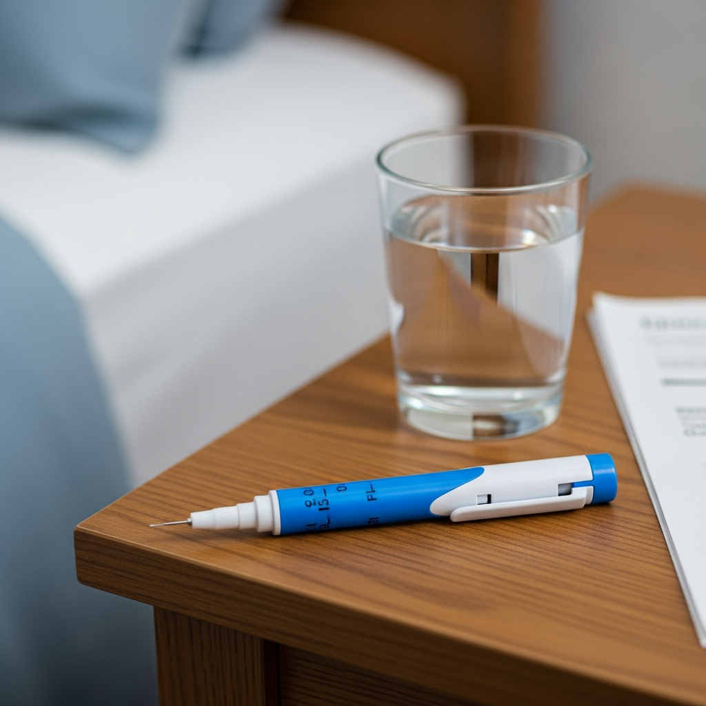 A close-up of a blue and white Dupixent injector pen lying on a wooden bedside table next to a glass of water, highlighting the medical device.