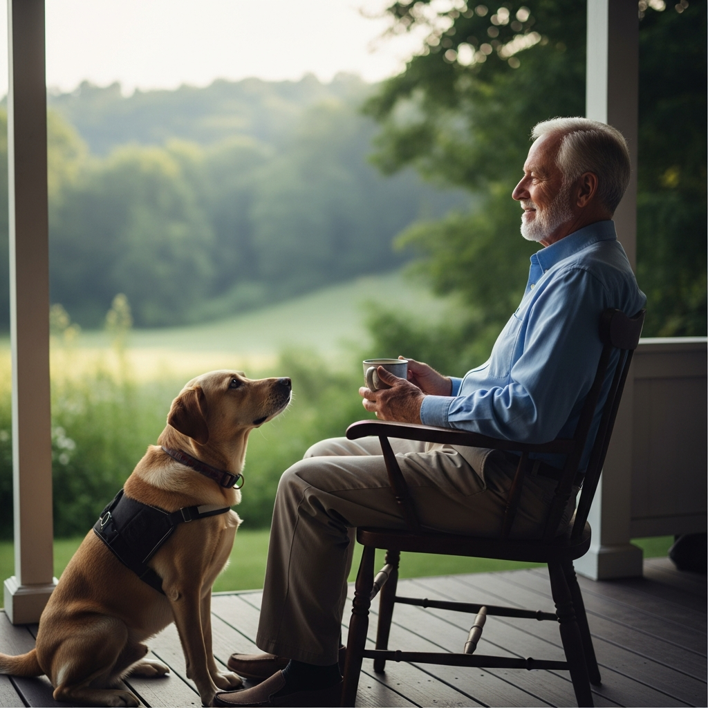 A peaceful scene of an older man sitting on a porch chair overlooking a quiet green valley, holding a cup of tea while his service dog sits loyally beside him.