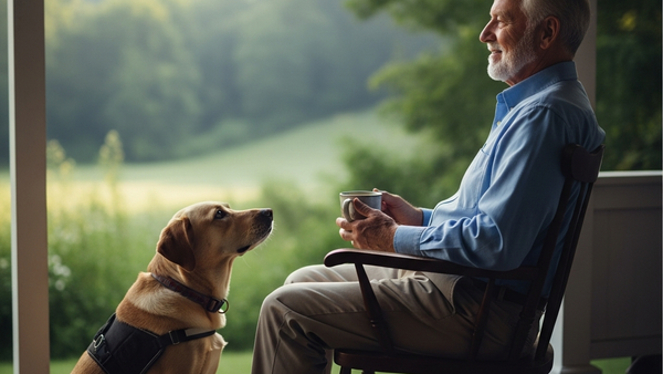 A peaceful scene of an older man sitting on a porch chair overlooking a quiet green valley, holding a cup of tea while his service dog sits loyally beside him.