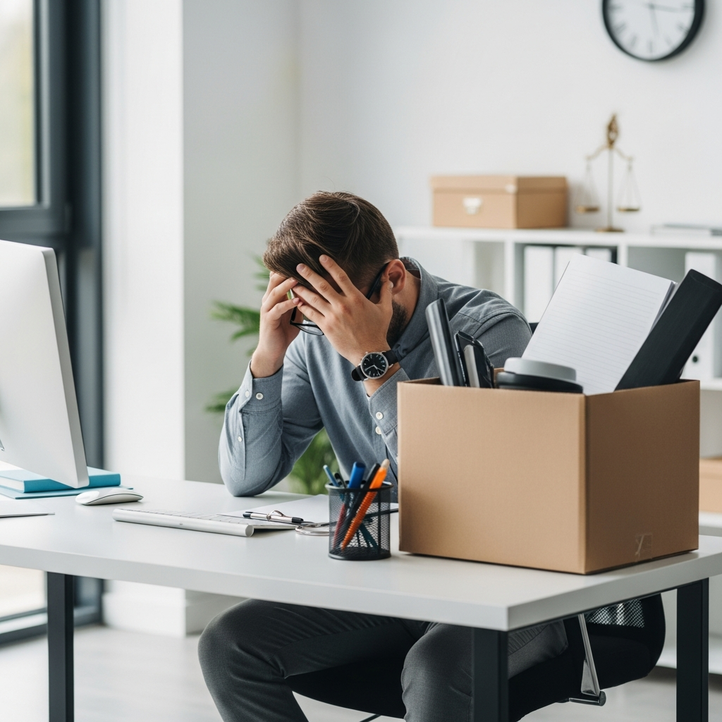 A stressed employee sitting at a desk with their head in their hands next to a packed box of office supplies
