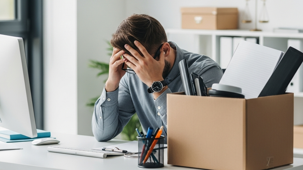 A stressed employee sitting at a desk with their head in their hands next to a packed box of office supplies