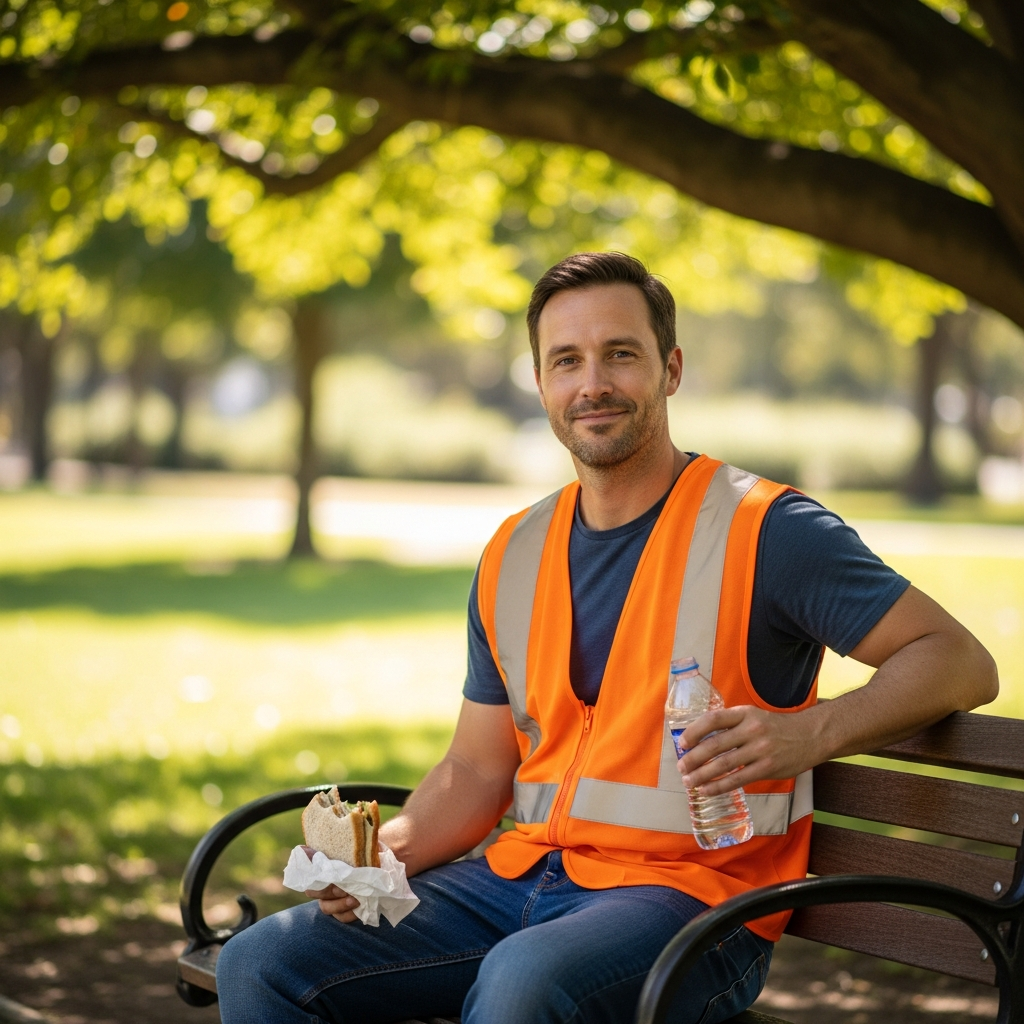 A worker in a safety vest sitting on a bench in a sunlit park during a work break, holding a sandwich and a water bottle.