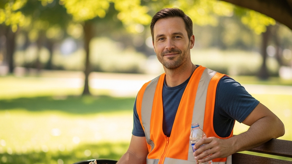 A worker in a safety vest sitting on a bench in a sunlit park during a work break, holding a sandwich and a water bottle.
