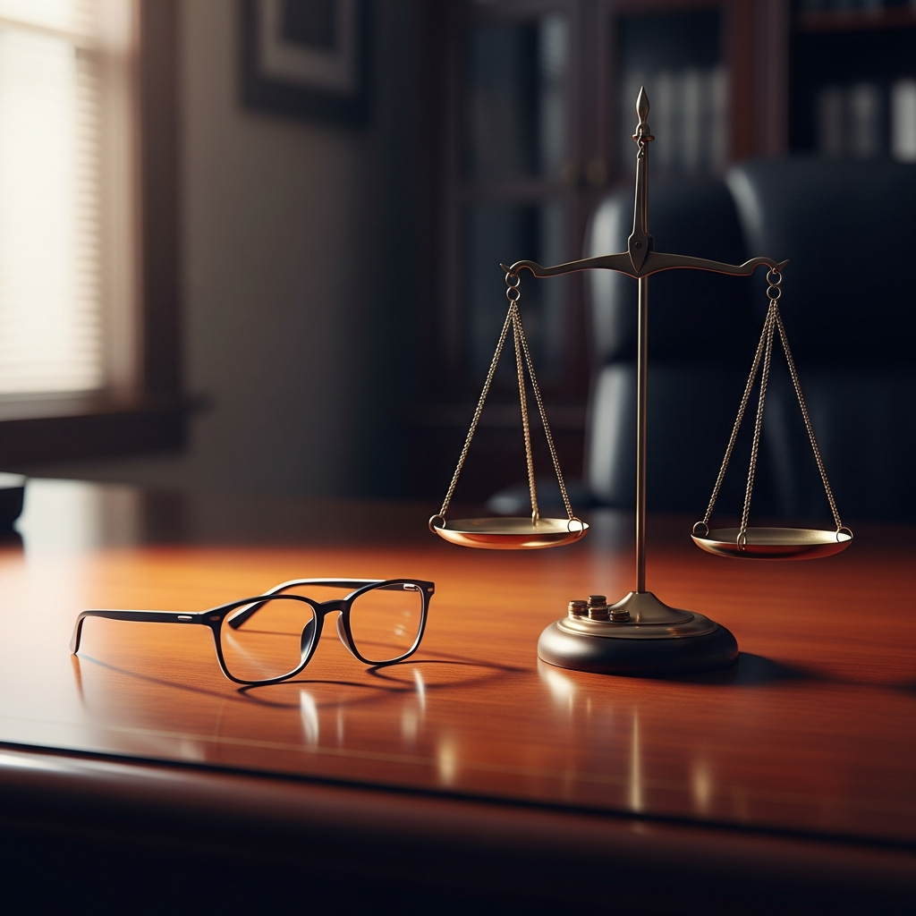 A pair of glasses resting on an open mahogany desk near a symbolic scales of justice statue in a dimly lit office.