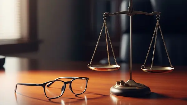 A pair of glasses resting on an open mahogany desk near a symbolic scales of justice statue in a dimly lit office.