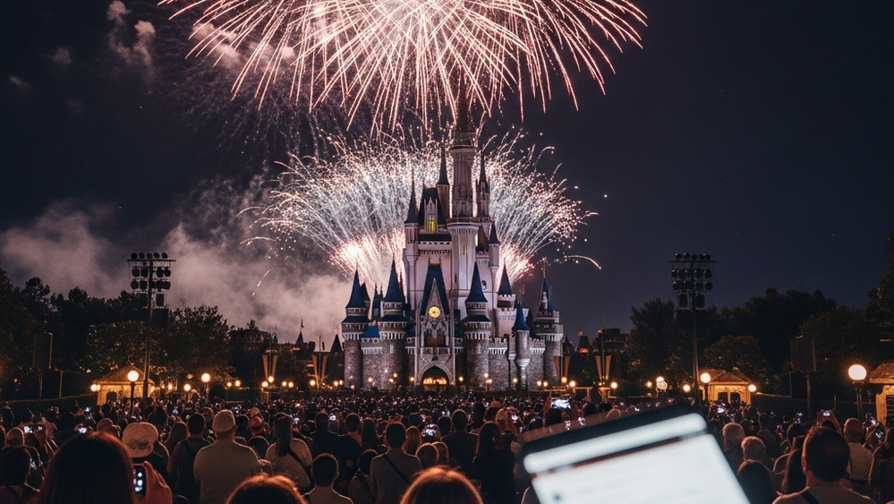 A nighttime fireworks display over a theme park castle with crowds watching from a distance.