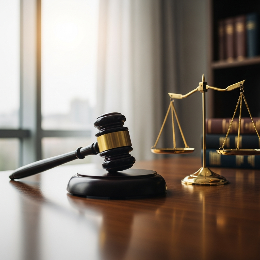 Gavel on a desk next to scales of justice, representing the legal challenge to presidential power over federal worker unions.
