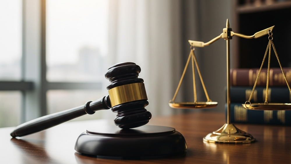 Gavel on a desk next to scales of justice, representing the legal challenge to presidential power over federal worker unions.