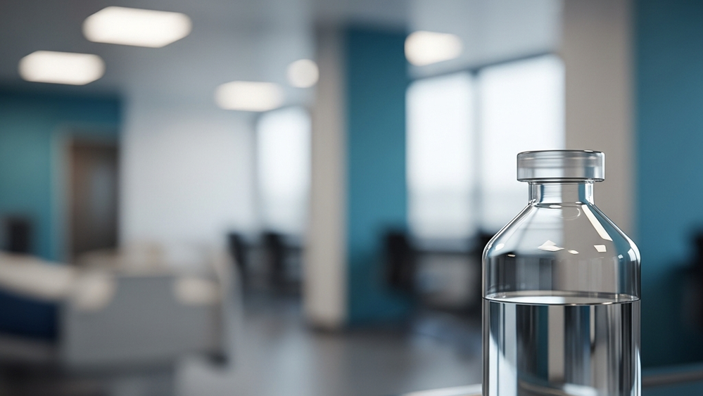 A close-up of a sealed sterile medical saline bottle sitting on a hospital-grade metal surface with a blurred clinic setting in the background.