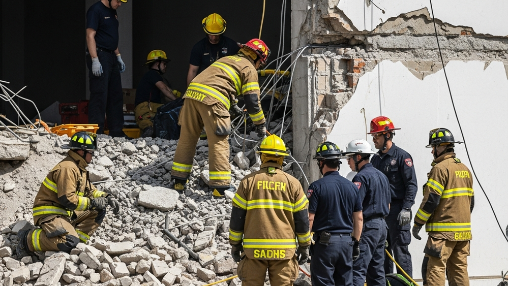 Firefighters and rescue teams working near a pile of rubble and a damaged wall structure at a construction site.