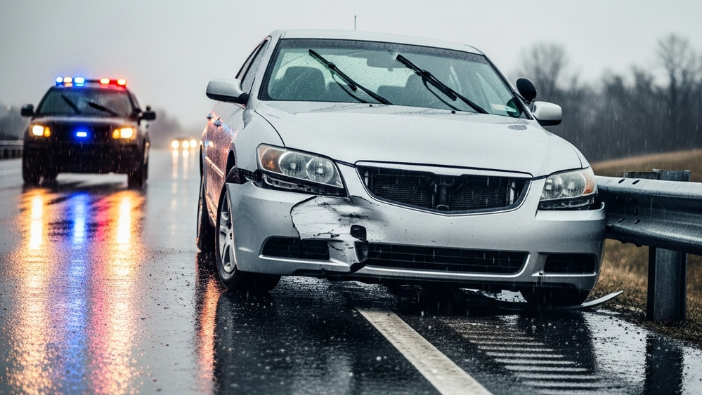 A silver sedan with a crushed front bumper resting against a guardrail on a rainy Ohio highway, with a state trooper vehicle in the background.