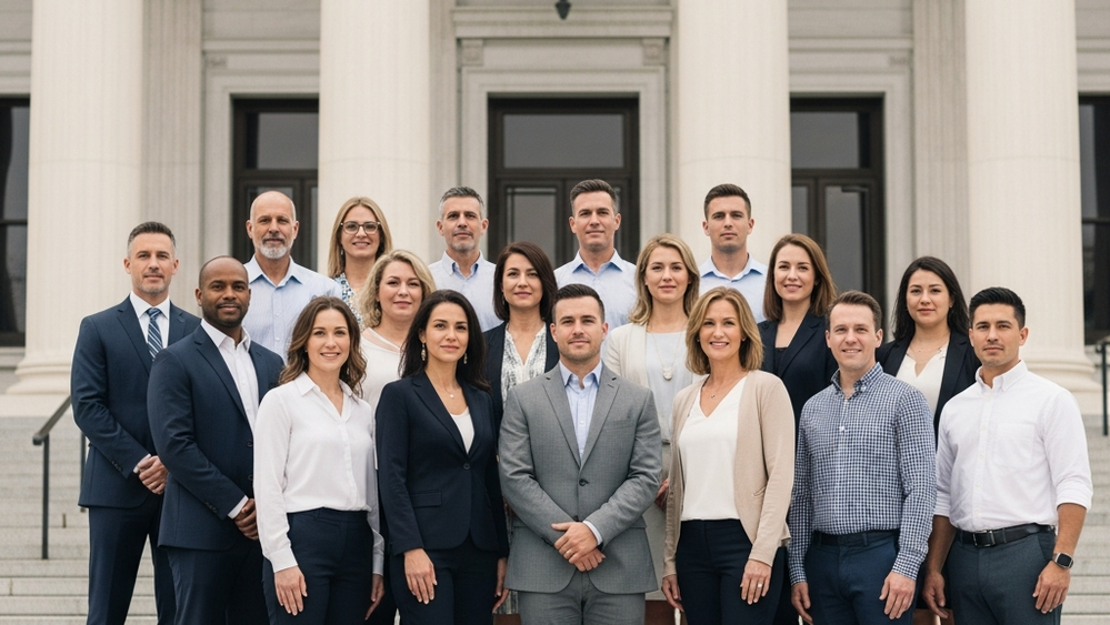 A group of diverse people standing together in front of a large courthouse building with tall columns, symbolizing collective legal action.