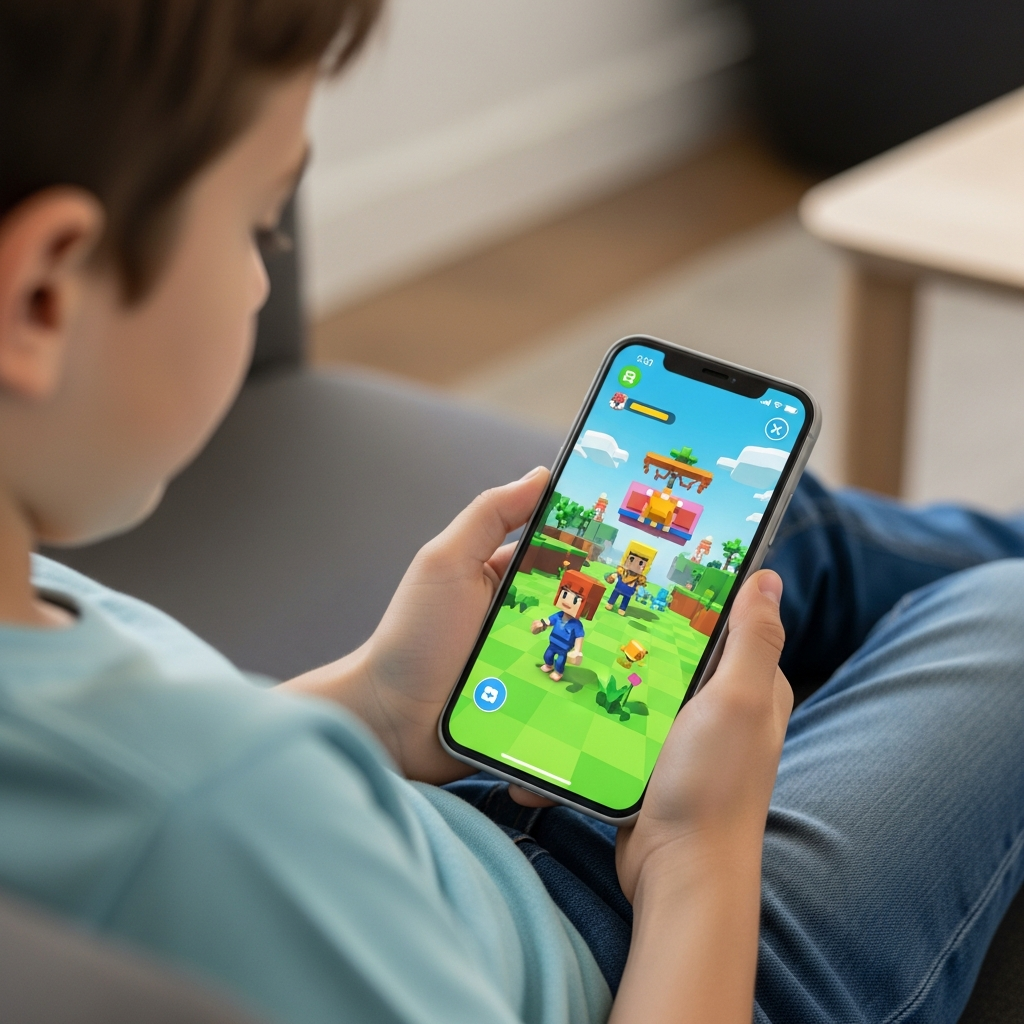 A child sitting on a couch holding a smartphone displaying a colorful 3D avatar game with blocky characters, with a focus on the device screen.