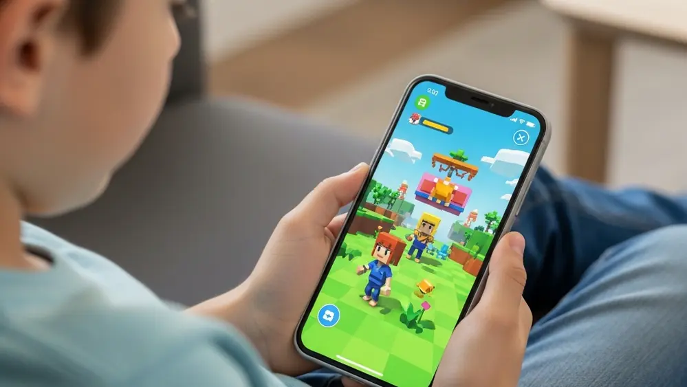A child sitting on a couch holding a smartphone displaying a colorful 3D avatar game with blocky characters, with a focus on the device screen.