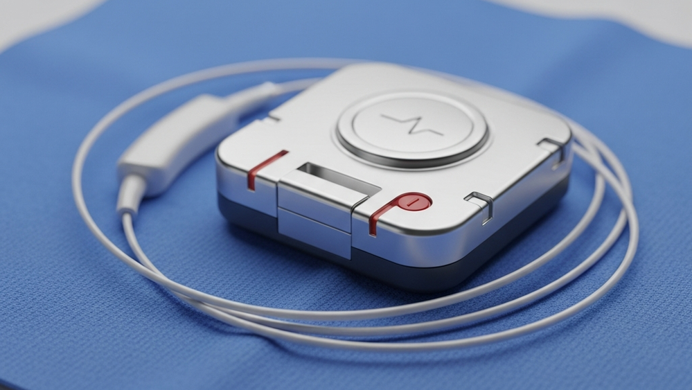a close-up view of a heart pacemaker device and its thin insulated wires resting on a sterile blue medical cloth
