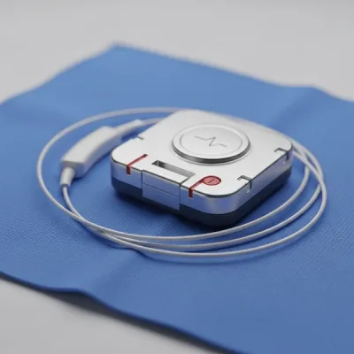 a close-up view of a heart pacemaker device and its thin insulated wires resting on a sterile blue medical cloth