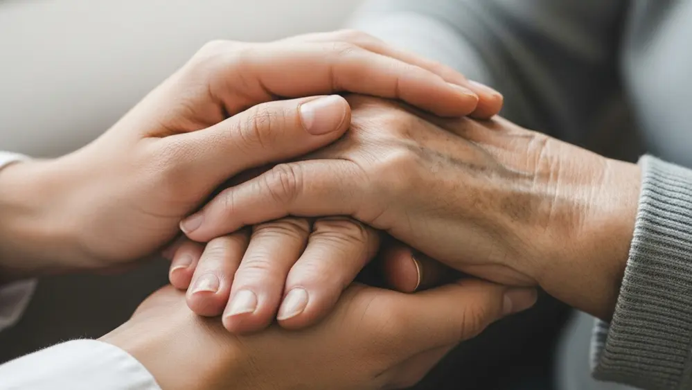 A close-up of a younger person's hand gently holding an older person's wrinkled hand, symbolizing care and protection.