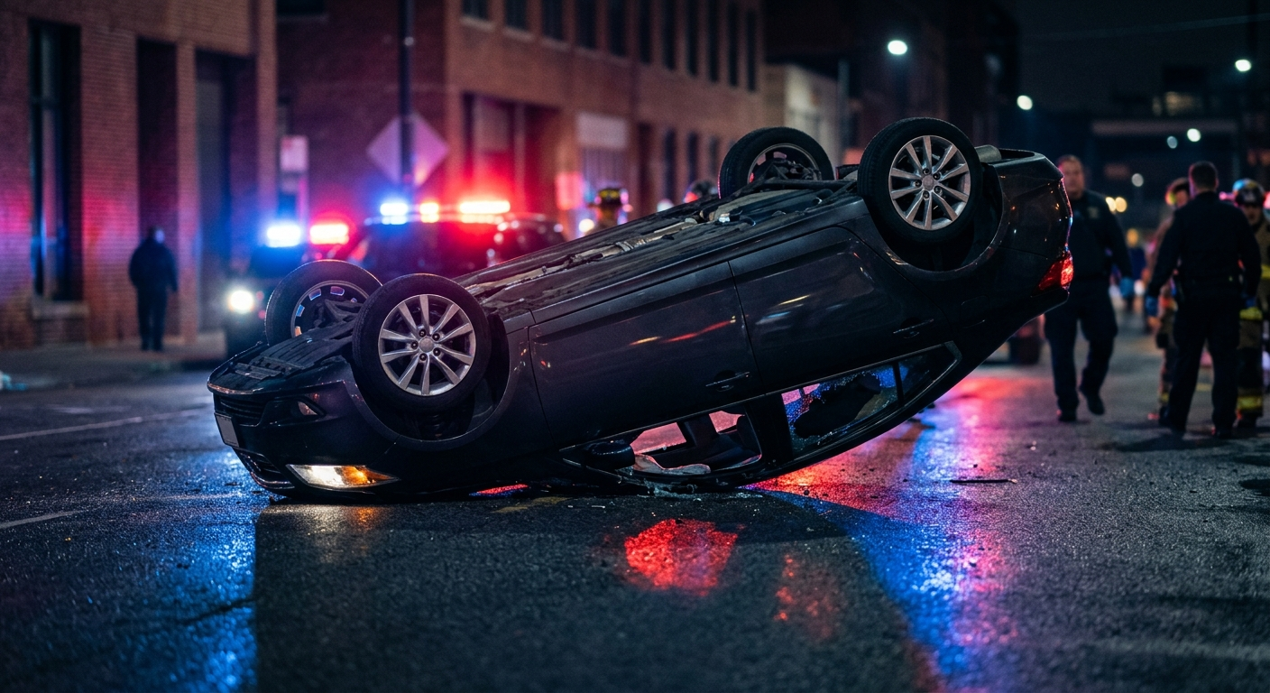 An overturned dark sedan on a city street at night with emergency vehicle lights reflecting on the pavement.