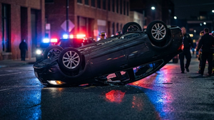 An overturned dark sedan on a city street at night with emergency vehicle lights reflecting on the pavement.