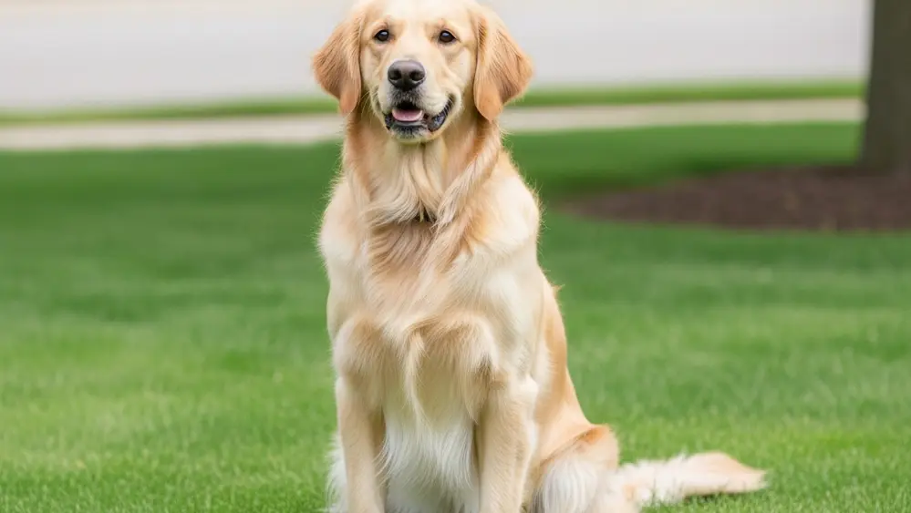 A golden retriever sitting near a child's colorful toy ball on a green suburban lawn during the daytime.