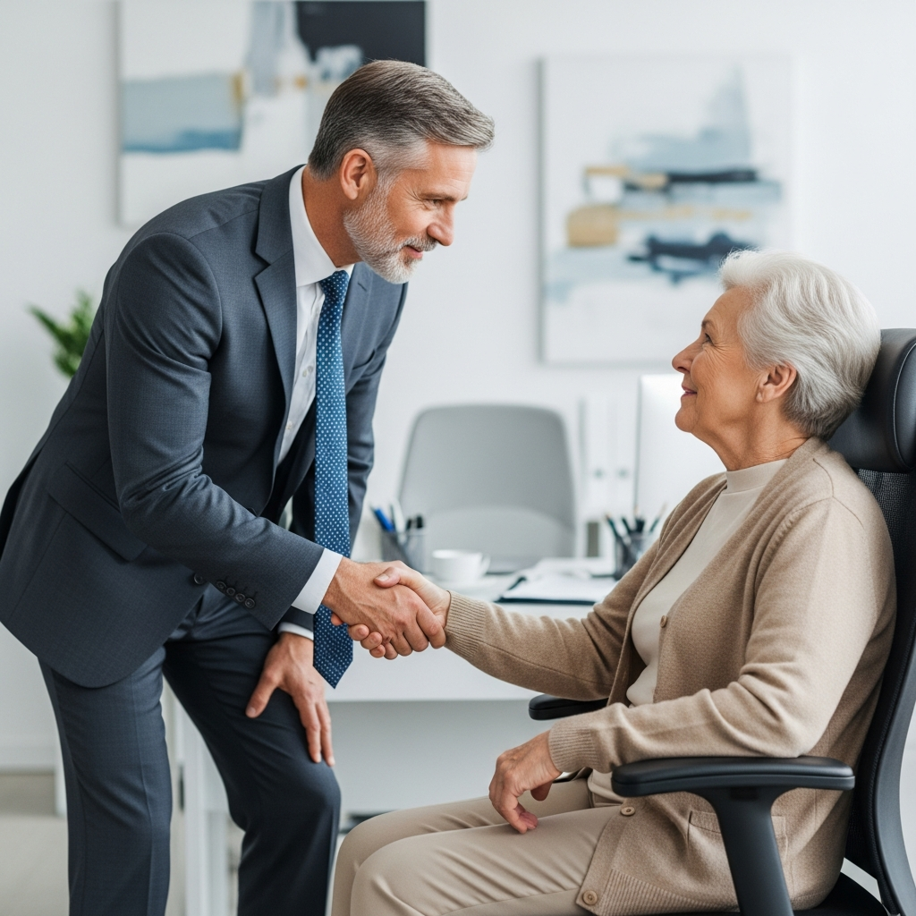 A mature professional in a suit shaking hands with an elderly client in a comfortable office setting.