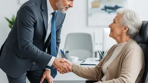 A mature professional in a suit shaking hands with an elderly client in a comfortable office setting.