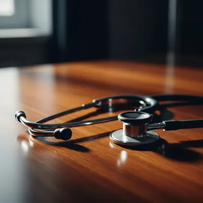 A close-up of a stethoscope lying on a wooden table in a dimly lit room, symbolizing the gravity of medical legal issues.