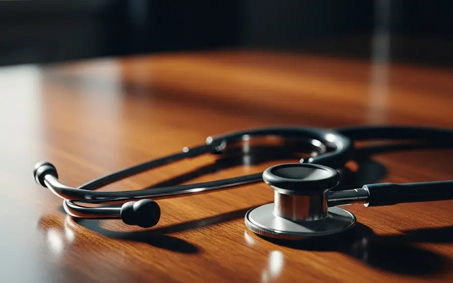 A close-up of a stethoscope lying on a wooden table in a dimly lit room, symbolizing the gravity of medical legal issues.