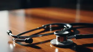A close-up of a stethoscope lying on a wooden table in a dimly lit room, symbolizing the gravity of medical legal issues.
