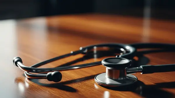 A close-up of a stethoscope lying on a wooden table in a dimly lit room, symbolizing the gravity of medical legal issues.