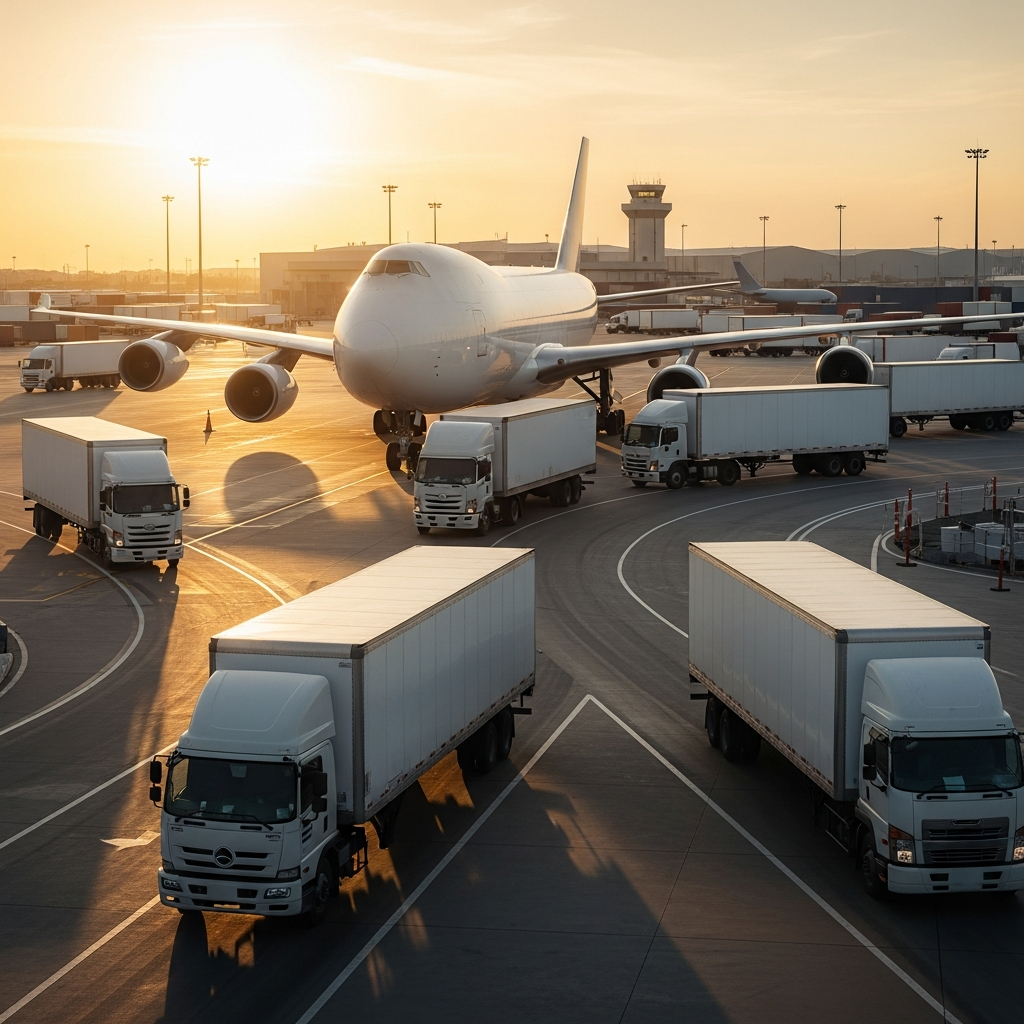 A large white cargo plane and several delivery trucks at a busy logistics hub during sunset, representing a major international shipping and freight corporation.