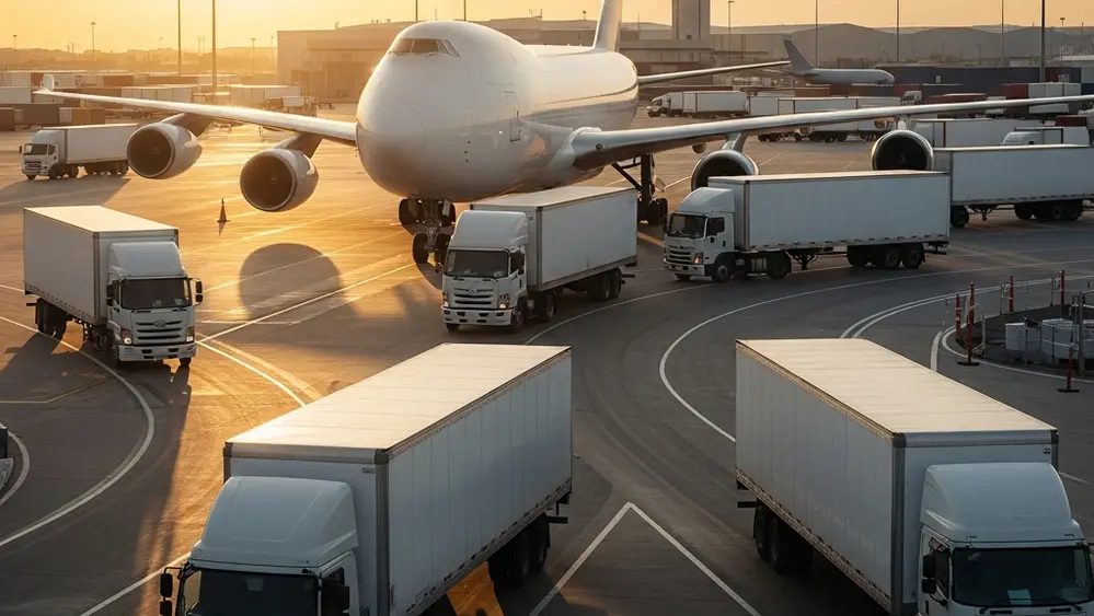 A large white cargo plane and several delivery trucks at a busy logistics hub during sunset, representing a major international shipping and freight corporation.
