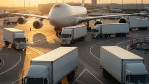 A large white cargo plane and several delivery trucks at a busy logistics hub during sunset, representing a major international shipping and freight corporation.