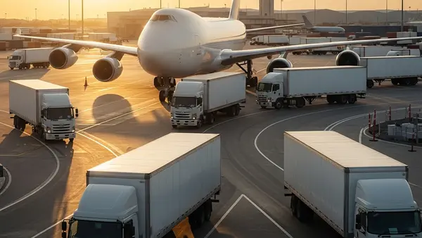 A large white cargo plane and several delivery trucks at a busy logistics hub during sunset, representing a major international shipping and freight corporation.