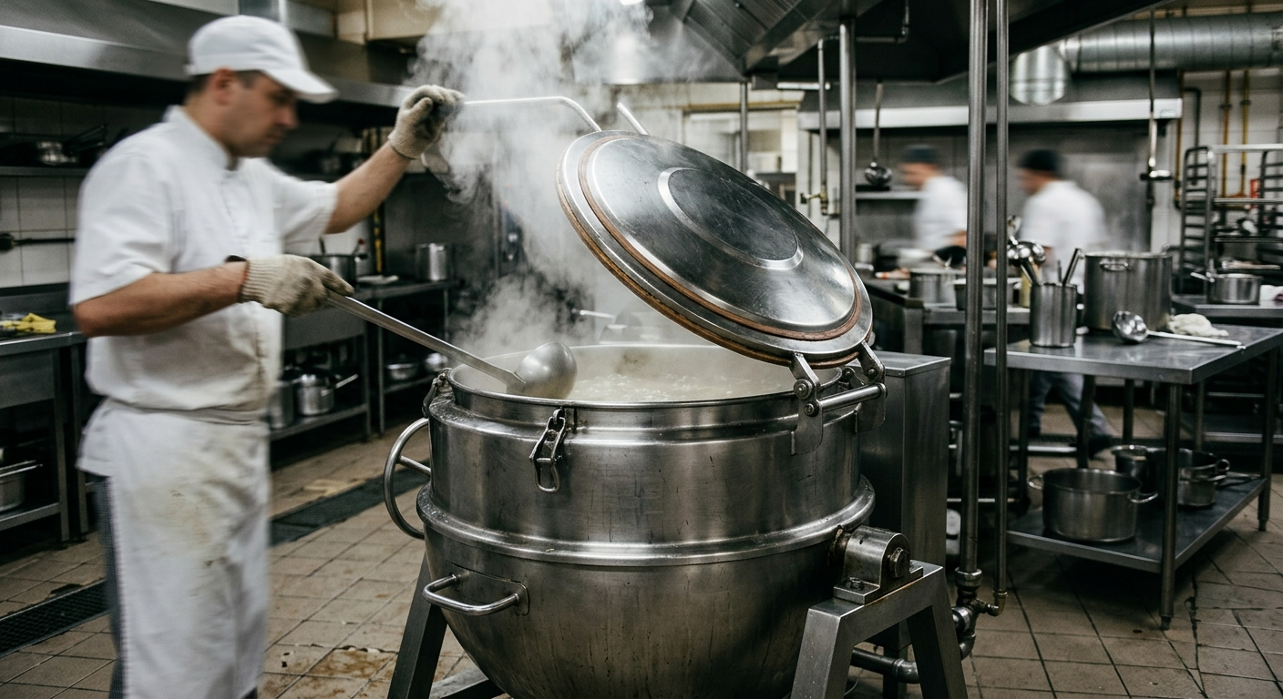 A large stainless steel industrial kettle inside a factory kitchen with steam escaping from a heavy metal lid