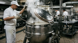 A large stainless steel industrial kettle inside a factory kitchen with steam escaping from a heavy metal lid