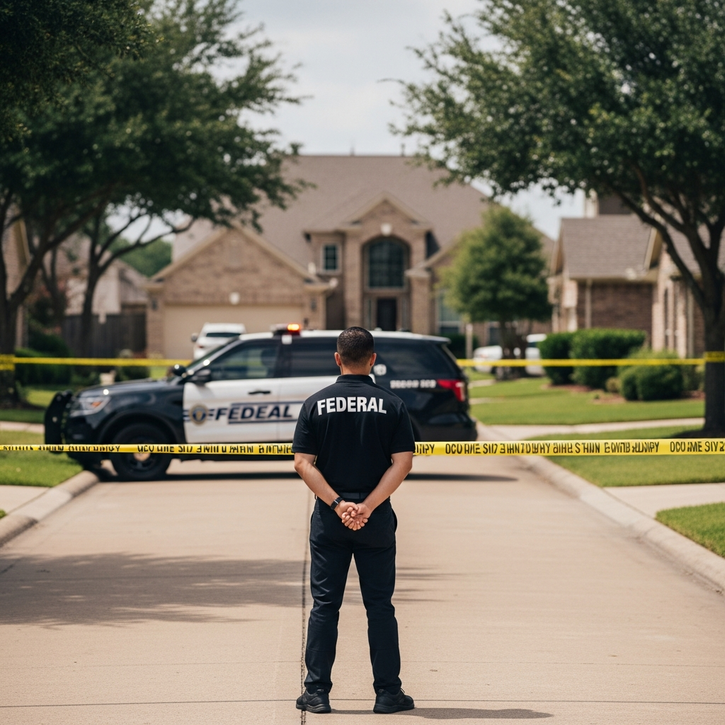 A solemn scene in a suburban Houston residential neighborhood with a generic federal law enforcement vehicle parked in the background and yellow tape visible on the perimeter.