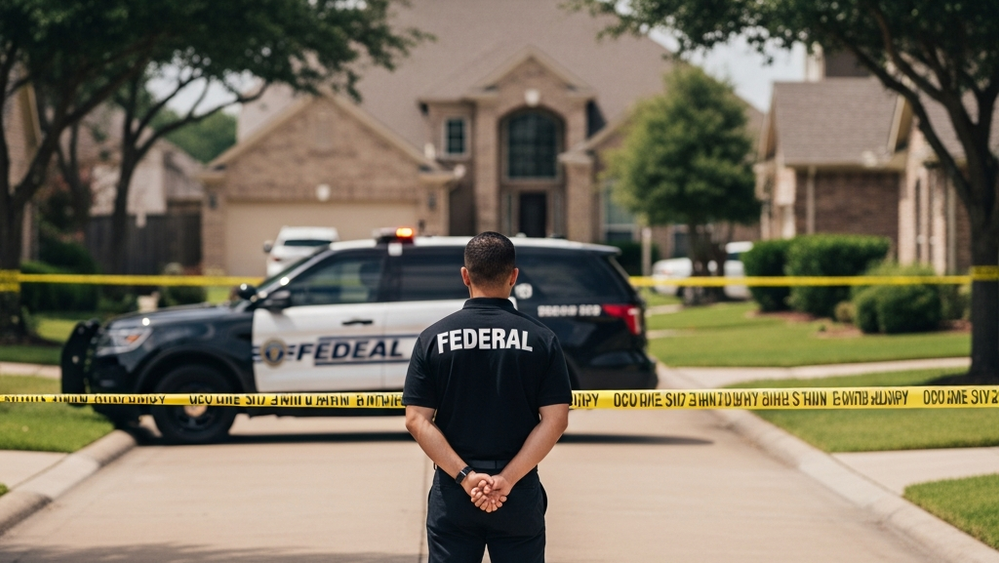 A solemn scene in a suburban Houston residential neighborhood with a generic federal law enforcement vehicle parked in the background and yellow tape visible on the perimeter.
