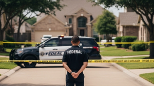 A solemn scene in a suburban Houston residential neighborhood with a generic federal law enforcement vehicle parked in the background and yellow tape visible on the perimeter.