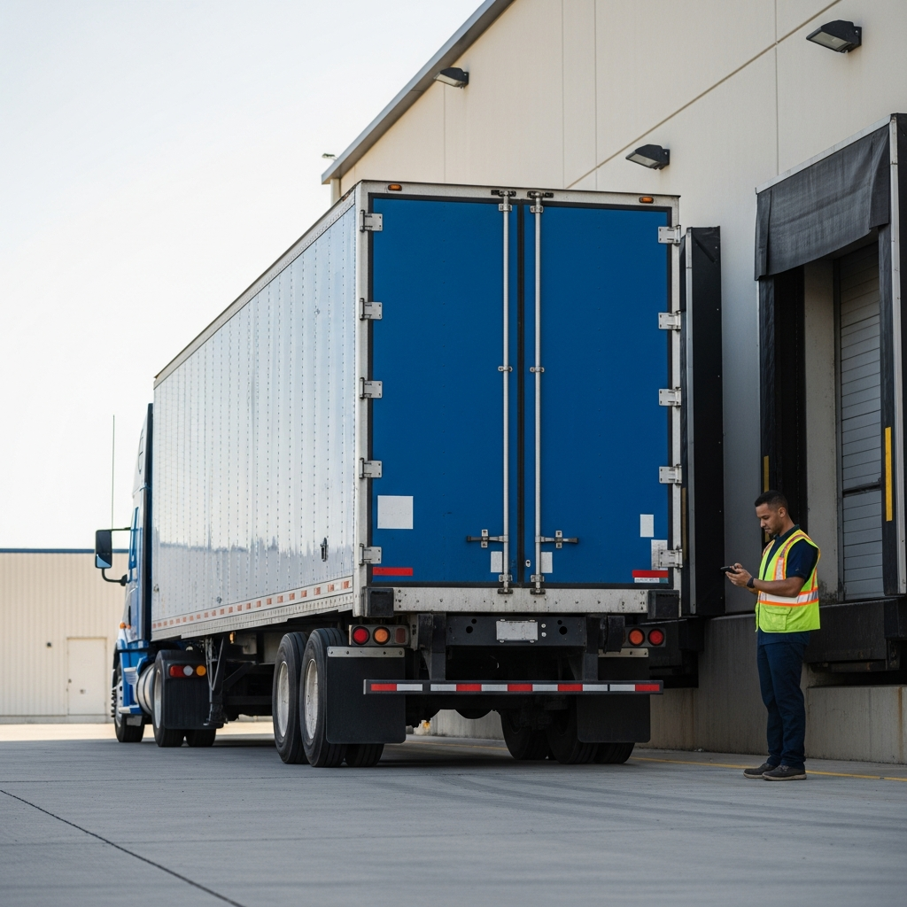 A blue semi-truck trailer without logos parked at a loading dock with a worker in a high-visibility vest standing nearby checking a handheld device.