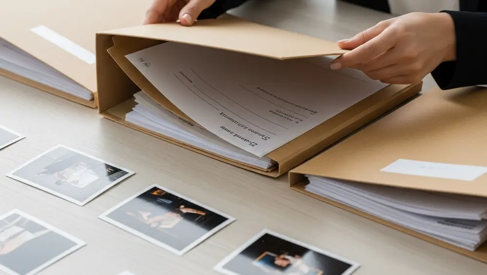A close-up shot of an individual’s hands organizing various folders and photographs on a wooden table, symbolizing the process of legal preparation.