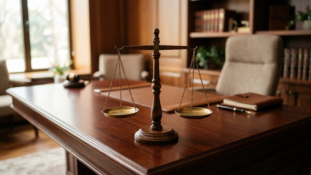 A set of wooden scales of justice resting on a polished dark wood desk in a professional setting with soft lighting.
